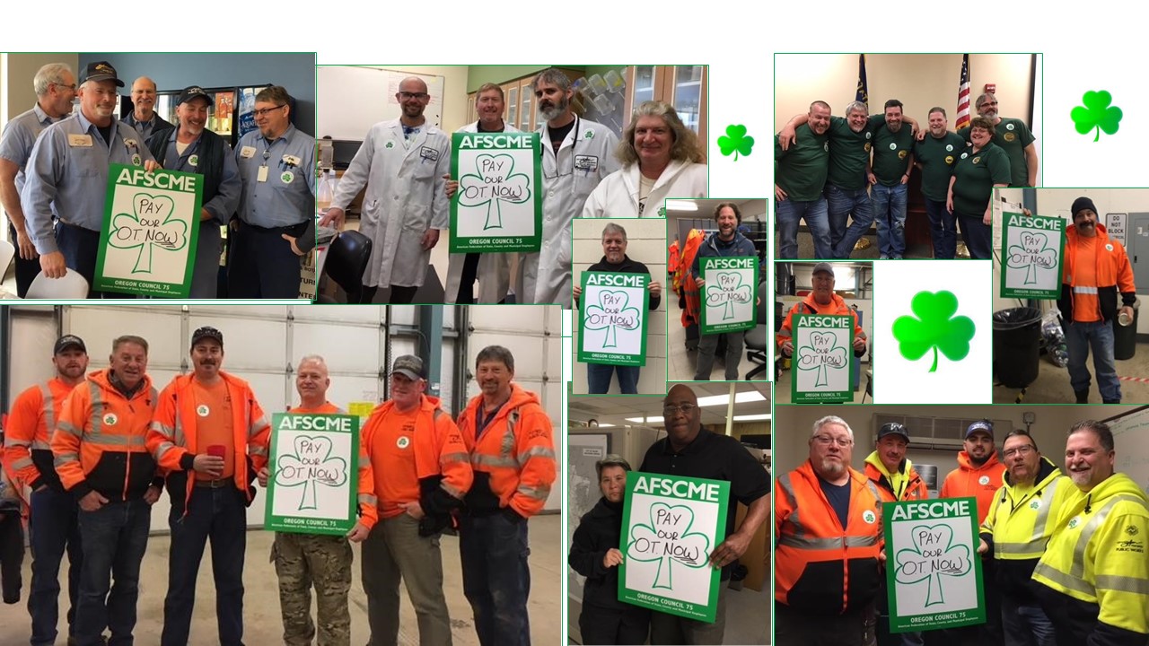 Collage of members holding pay overtime now posters